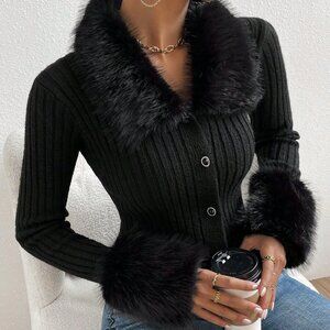 Black Preppy Women's Fur Collar Long Sleeve Knitted Cardigan